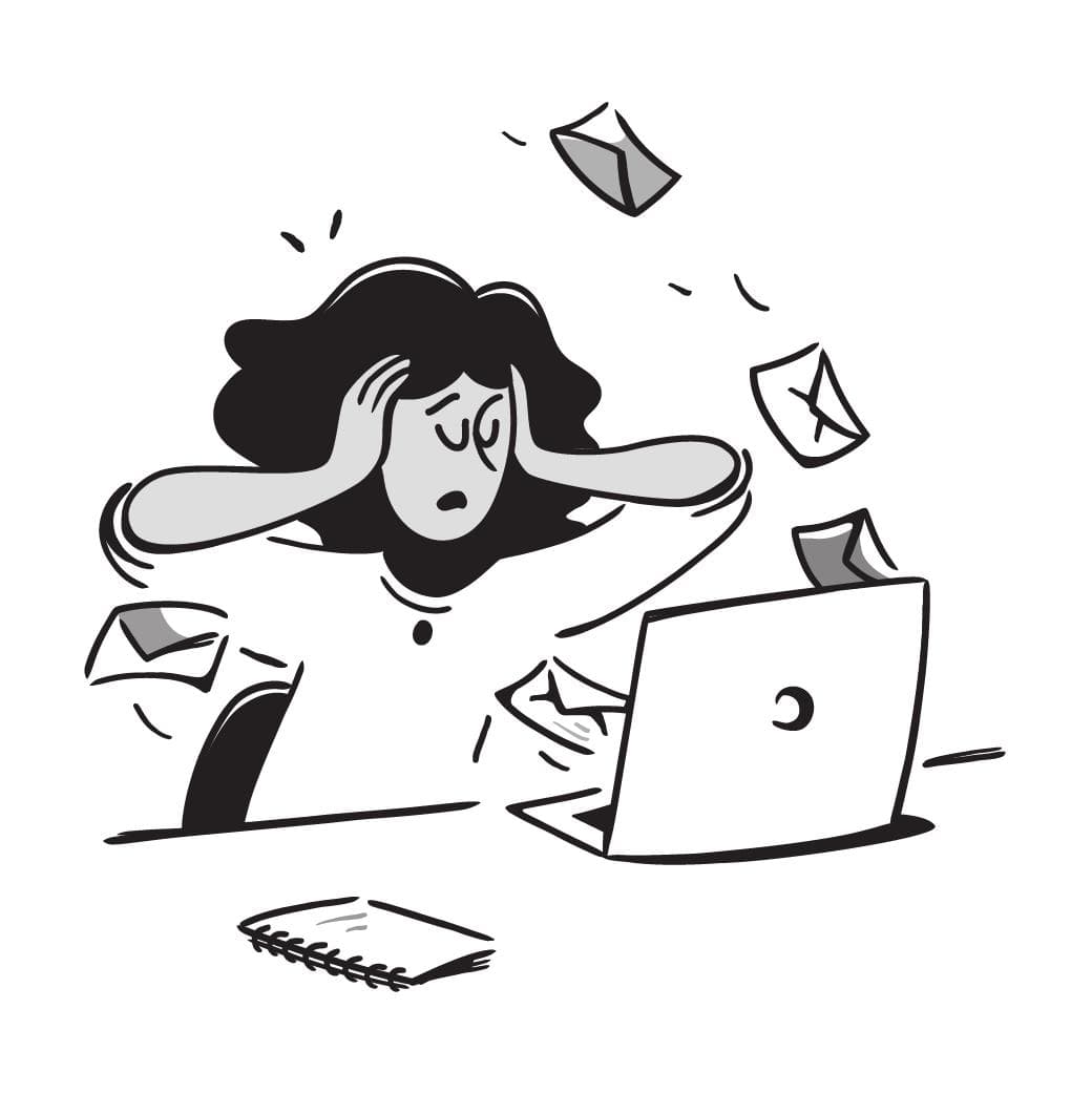 A stressed person with curly hair holds their head in frustration while sitting at a desk with a laptop, surrounded by flying envelopes.