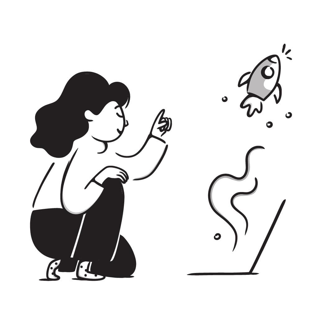 A person crouches and points at a small rocket flying upwards, with smoke and bubbles around it.